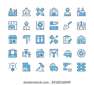 Construction icons set. Vector line icons. Blue color outline stroke symbols. Modern concepts