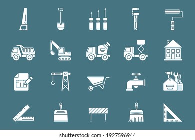 Construction Icons set - Vector silhouettes of building, crane, truck, bulldozer, saw, wrench, shovel and other tool for the site or interface