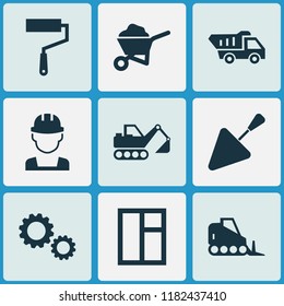 Construction icons set with wall painter, wheelbarrow, trowel and other tractor elements. Isolated vector illustration construction icons.