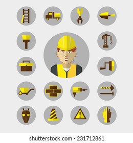 Construction icons set with worker