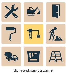 Construction icons set with construction works, color can, door and other service  elements. Isolated vector illustration construction icons.