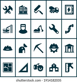 Construction icons set with wrench, concrete mixer, electrical board and other triangle ruler elements. Isolated vector illustration construction icons.