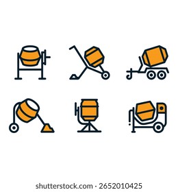 Construction Icons Six Colorful Flat Style Cement Mixer Illustrations for Industrial Design Projects