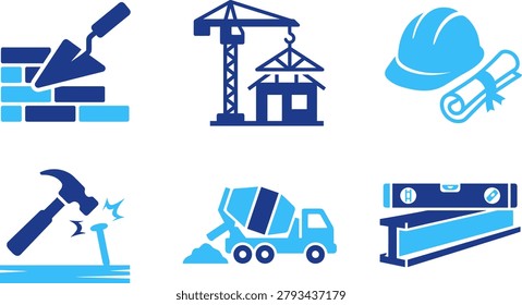 Construction icons tools cement mixer crane hammer trowel hard hat blueprint steel beam for industry.