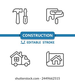 Iconos de construcción. Herramientas, rodillo de pintura, mejoras para el hogar, camioneta, icono de plano. Profesional, Vector perfecto de 32x32 píxeles. Trazo editable