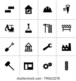 Construction icons. vector collection filled construction icons. includes symbols such as factory, gear, road barrier, safety helmet, slab. use for web, mobile and ui design.