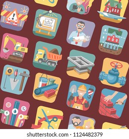 Construction icons vector constructive equipmentor tools of builder or constructor to build new house for family illustration of building or engineering signs set seamless pattern background