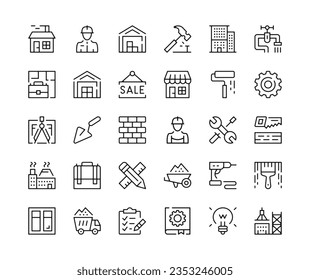 Construction icons. Vector line icons set. Black outline stroke symbols