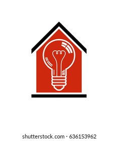 Idea de construcción, ahorrar electricidad en casa. 3 d bombilla vectorial y composición de la casa, tema de energía eléctrica. 