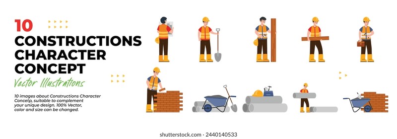 Ilustración de construcción. Paquete. Colección de escenas de construcción, ingeniería, arquitectura, industria, actividad de los trabajadores. Ilustración vectorial