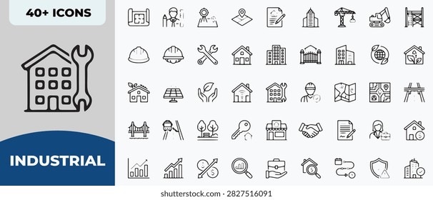 Construction and industrial architecture vector line icons set including house repair, engineering blueprint, tools, green energy, crane, and real estate symbols.