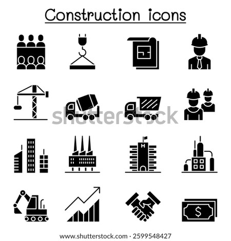 Construction industrial icon set in glyph style