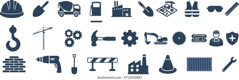  Construction  Industrial Icon set, Hard Hat, Crane, Tools, Safety Gear, and Factory Symbols