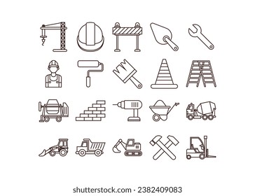 Construction and industrial line icon set, engineering equipment illustration