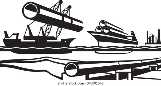 Construction of industrial pipeline under water - vector illustration