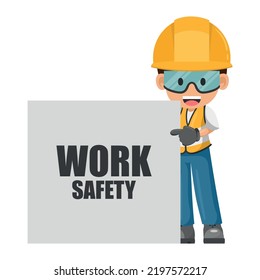 Trabajador industrial de la construcción con su equipo de protección personal y afiche de seguridad laboral. Seguridad industrial y salud ocupacional en el trabajo