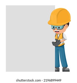 Construction industrial worker holding sign with space for text. Industrial safety and occupational health at work