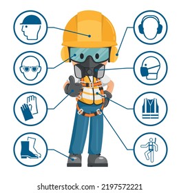 Construction industrial worker with personal protective equipment and icons, safety pictograms. Industrial safety and occupational health at work