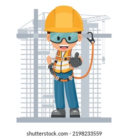 Construction Industrial Worker With Personal Protective Equipment, Safety Harness And Lifeline On A Scaffold. Industrial Safety And Occupational Health At Work