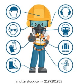 Trabajador industrial de construcción con equipo e iconos de protección personal, pictogramas de seguridad. Seguridad industrial y salud ocupacional en el trabajo