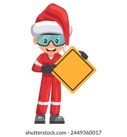 Construction industrial worker with Santa Claus hat with a warning sign with copy space for text. Merry christmas. Industrial safety and occupational health at work