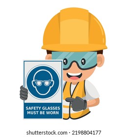 Construction industrial worker with warning sign of mandatory use of safety glasses. Safety glasses must be worn. Industrial safety and occupational health at work