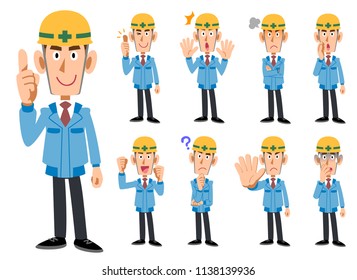 Construction Industry _ Men in blue working clothes _ 9 types of poses set
