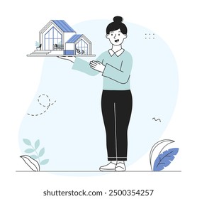 Construction industry architect. Woman holds model of cottage in hand. Architect and engineer plans building. Real estate and private property. Linear vector illustration isolated on white background