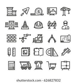 Construction industry, building house, architectural engineering and machinery thin line vector icons