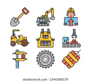 Construcción, industria, construcción de conjunto de vectores de iconos