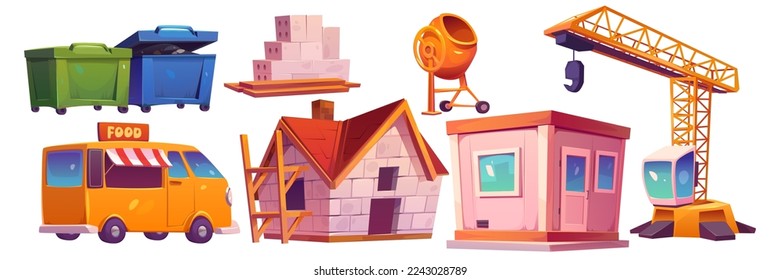 Construction industry, building site set with house, stone blocks, crane, cement mixer, food truck and trash bins isolated on white background, vector cartoon illustration