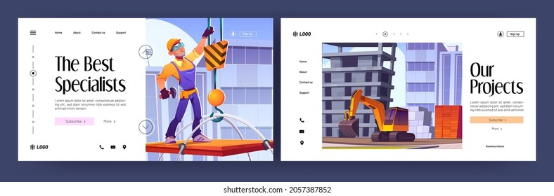 Construction industry cartoon landing pages. Excavator machinery working on building site, worker builder in hardhat and overalls stand on crane lifting platform, contractor job, Vector web banner