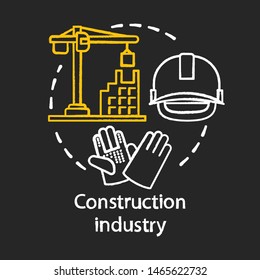 Construction industry chalk concept icon. Building sector. Crane, house, hard hat, work gloves. Real estate engineering idea. Vector isolated chalkboard illustration