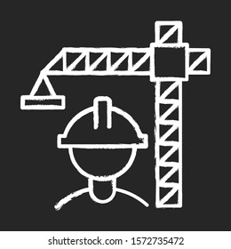 Construction industry chalk icon. Building sector. Crane builder in helmet. Construction housing, infrastructure. Real estate development. Isolated vector chalkboard illustration