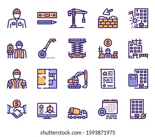 Conjunto de iconos vectoriales lineales en color de la industria de la construcción. Excavadora, grúa, símbolos de contorno del constructor. Diseño de casa, trabajador. Proyecto de construcción, esquema de desarrollo inmobiliario, colección de ilustraciones