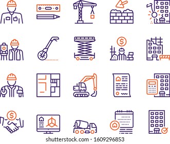 Construction industry color linear vector icons set. Excavator, crane, builder contour symbols. House blueprint, worker. Building project, real estate development outline illustrations collection