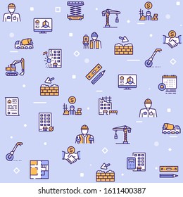 Construction industry color linear vector icons set. Excavator, crane, builder contour symbols. House blueprint, worker. Building project, real estate development outline illustrations collection
