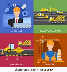 Construction industry compositions with architectural project building machinery road repairs worker isolated vector illustration 