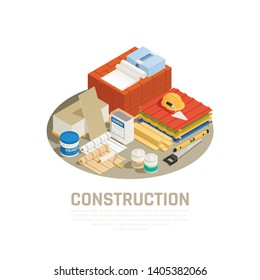 Construction industry concept with building and repairs equipment isometric vector illustration