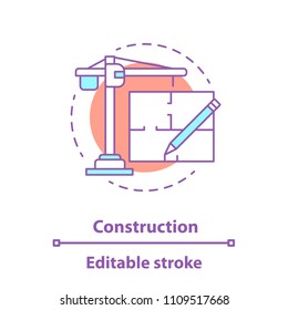 Construction industry concept icon. Architecture idea thin line illustration. Tower crane, floor plan. Building development. Vector isolated outline drawing. Editable stroke