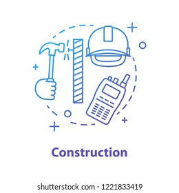 Construction industry concept icon. Architecture idea thin line illustration. Industrial safety helmet, hand hammering nail, walkie talkie. Building development. Vector isolated outline drawing