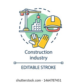 Construction industry concept icon. Building sector. Crane, house, hard hat, work gloves. Real estate engineering idea thin line illustration. Vector isolated outline drawing. Editable stroke