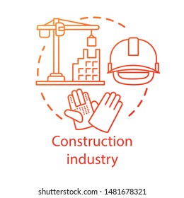 Construction industry concept icon. Building sector. Crane, house, hard hat, work gloves. Real estate engineering idea thin line illustration. Vector isolated outline drawing. Editable stroke