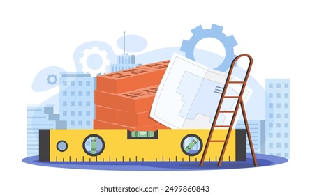 Construction industry concept. Meter near stairs, blueprints and orange bricks. Building of houses and apartments. Instruments for engineering. Flat vector illustration isolated on white background