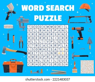 Construction industry and DIY tools, word search puzzle game worksheet, vector quiz. Word search grid to guess toolbox of screwdriver, ruler and worker helmet, pliers with drill and hammer or axe