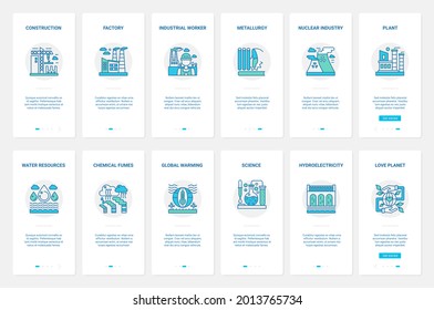 Construction Industry, Electricity Technology, Nature Resources Vector Illustration. UX, UI Onboarding Mobile App Page Screen Set With Line Metallurgy, Nuclear And Hydroelectric Power Plants Pollution