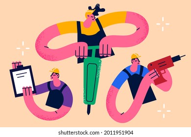 Construction, industry and engineering concept. Workers engineers cartoon characters working at construction site industrial technicians discussing new project making calculated engineering