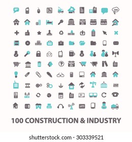 construction, industry, factory flat isolated icons, signs, illustrations set, vector