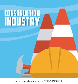 Construction industry with helmet and traffic cones vector illustration graphic design