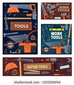 Construction industry, house repair tools and equipment. Pickaxe and sledgehammer, wheelbarrow, shovel and saw, level, caliper and measuring tape, toolbox, safety helmet, screwdriver and vise vector